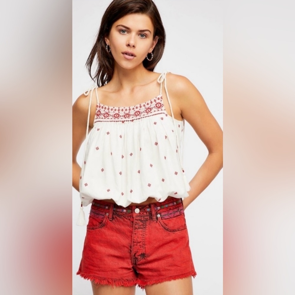 NWOT Free People Sunbreak Shorts in Gypsy Red Denim Embroidered - XS/S